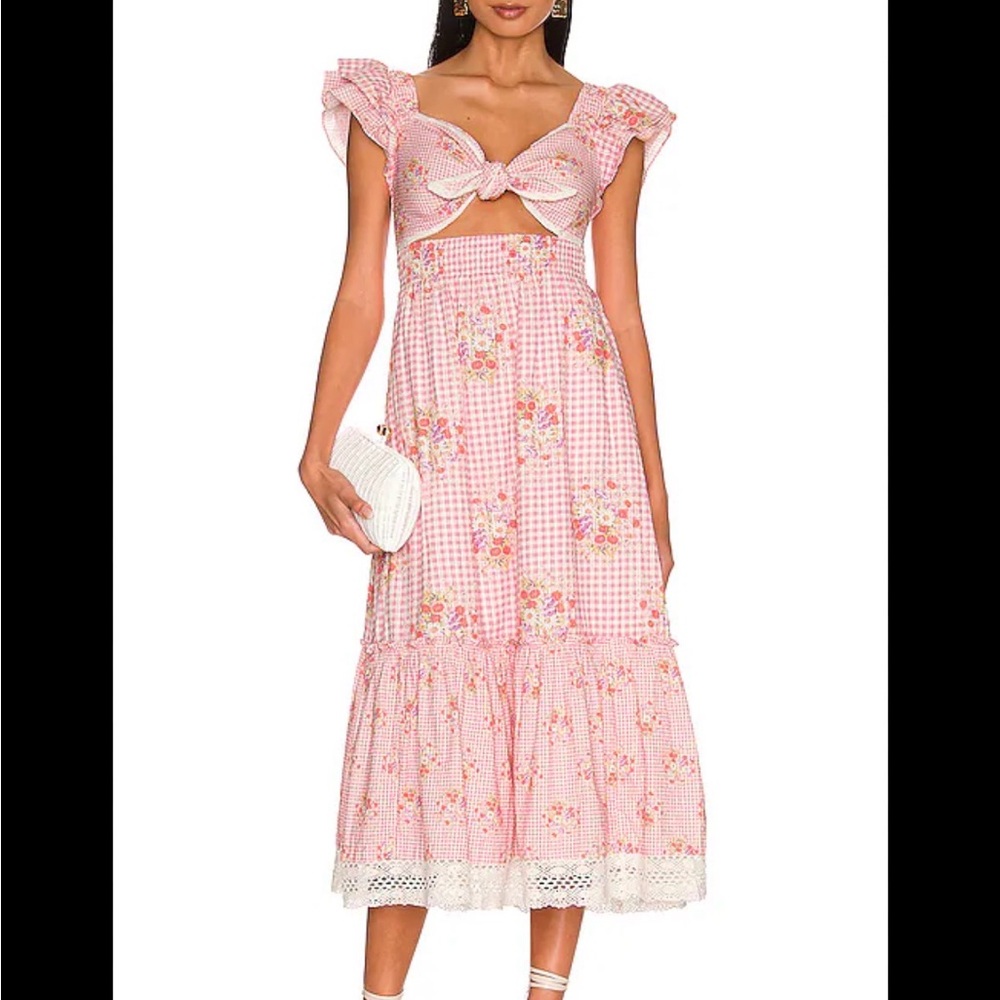 LoveShackFancy Pink Floral Gingham Tie-Back Maxi Dress